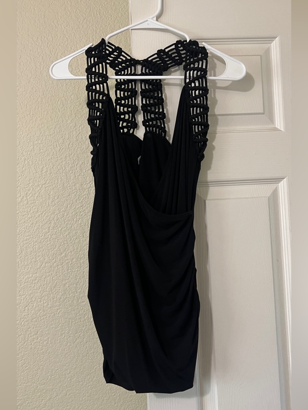 Cache Black Crochet-Back Draped Tank Top